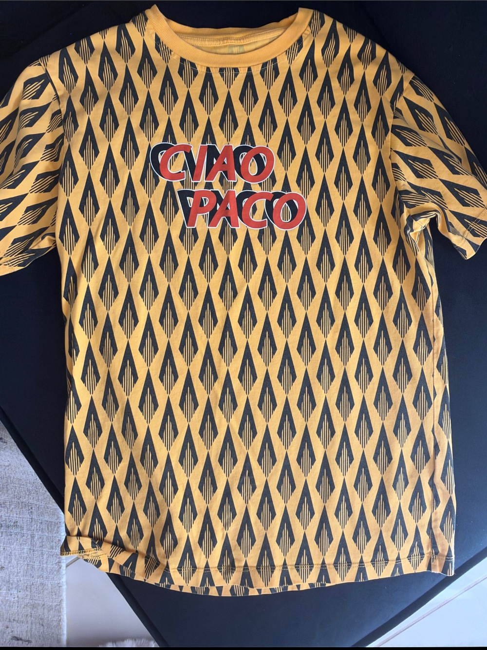 Paco Rabanne Yellow Graphic Short Sleeve Tee with Black Pattern